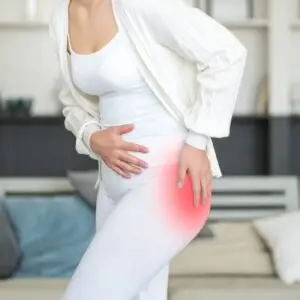 Lateral hip pain area illustration representing hip bursitis